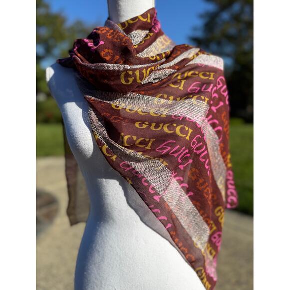 MSRP $330✨ Gucci Metallic Logo Scarf Wrap – 70” x 20” | Brown Pink Chartreuse ✨ - Picture 2 of 10
